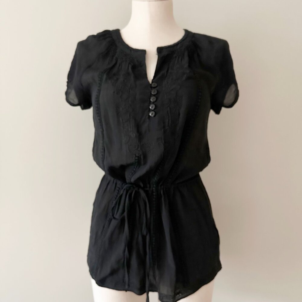 Lola Short Sleeve Blouse Black Womens Size S Tie Waist Floral Pattern